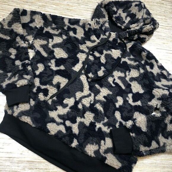 T-106~ Z By Zella Womens Teddy Fleece Hoodie Black Camouflage Drawstring 12 - Picture 1 of 4